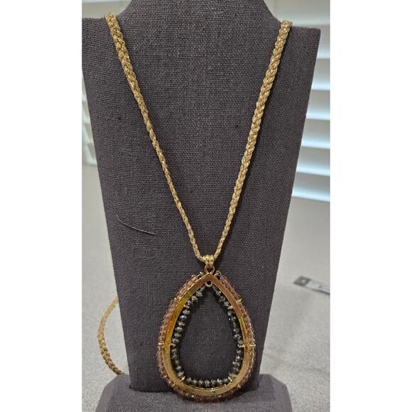 Jessica Simpson Gold Amber Clear Beaded Tear Drop Pendant Necklace Braided - Picture 1 of 5